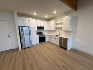 Contemporary kitchen remodel with white cabinets and stainless steel appliances