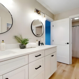Contemporary bathroom remodel with double vanity and round mirrors